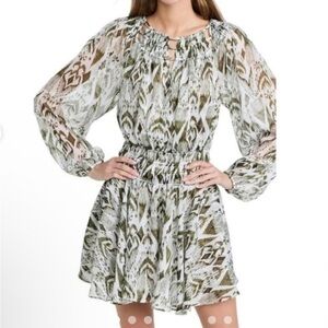 Misa Los Angeles Patterned Dress in Green Olive and White